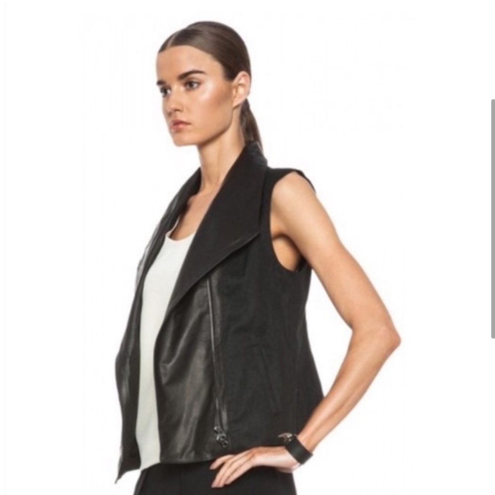 Vince Leather and Linen Asymmetrical Moto Vest